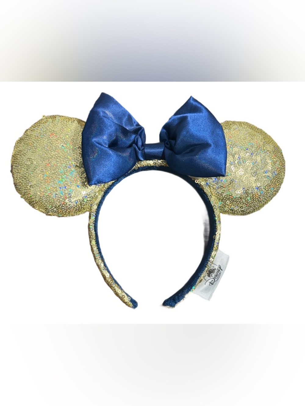 Gold Sequin Mouse Ears with Navy Satin Bow